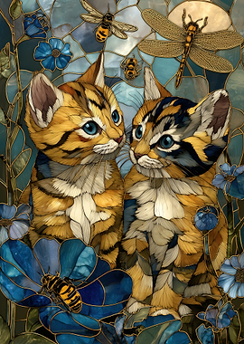 Stained Glass Kittens with Insects