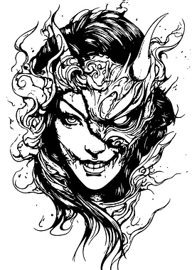 Demon Girl Black and White Art