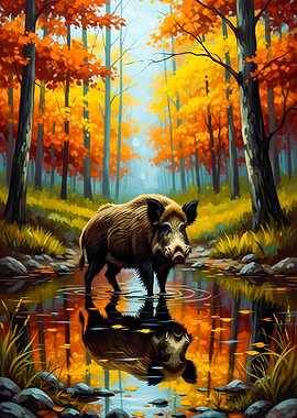 Wild Boar in Autumn Forest Stream