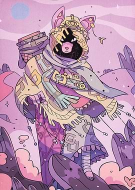 Anthropomorphic Cat Character in Fantasy Landscape