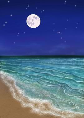 Night Ocean Beach with Moon