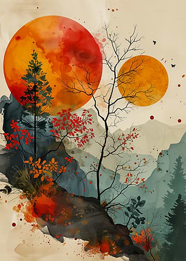 Twin Suns Grove: Watercolor Landscape with Sun and Trees