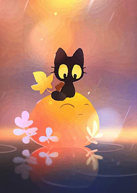 Black Cat on Smiling Orange Orb