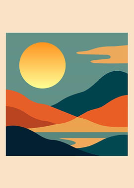 Minimalist Landscape with Sun and Hills