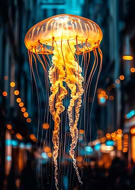 Glowing Jellyfish in Urban Nightscape