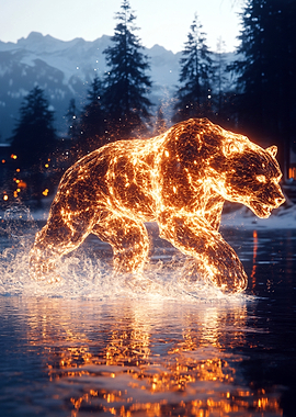 Fiery Bear Crossing Water