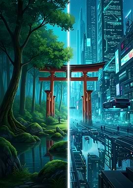 Nature Meets Cyberpunk Cityscape