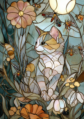 Stained Glass Cat with Flowers and Insects