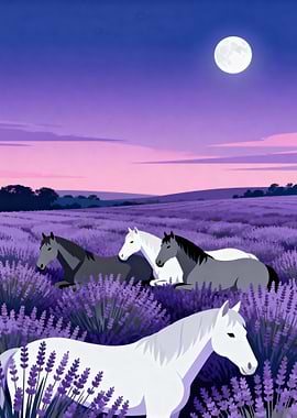Horses in Lavender Field at Night