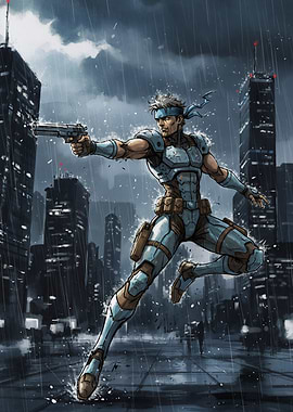 Solid Snake in Rainy Cityscape