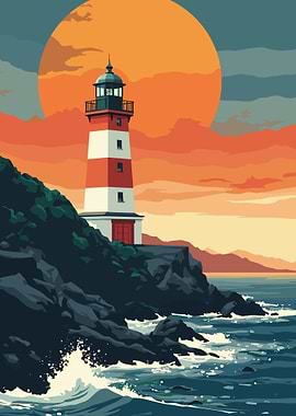 Lighthouse on Rocky Coast at Sunset