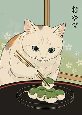 Cat eating dango with chopsticks