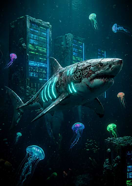 Cyberpunk Shark in Underwater Data Center