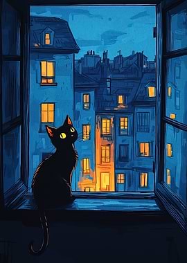 Black cat in window at night