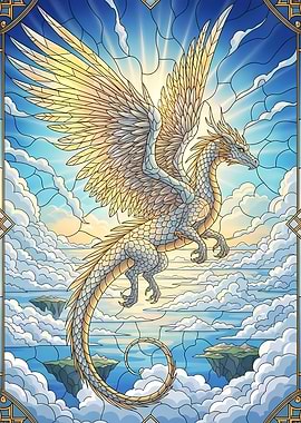 Winged Dragon in Stained Glass Style