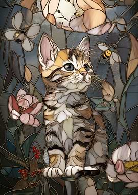 Stained Glass Kitten with Flowers