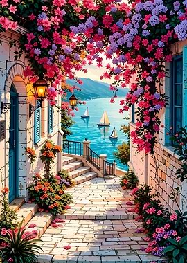 Coastal Path with Flowers and Sailboats