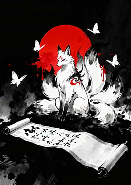 Nine-tailed Fox with Scroll Art
