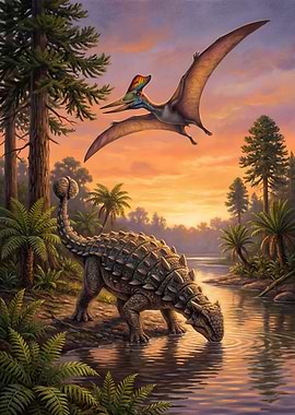 Ankylosaurus and Pterodactyl in Prehistoric Landscape