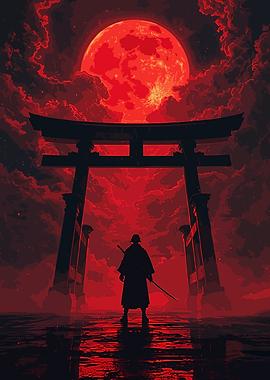 Fantasy Samurai Under Red Moon