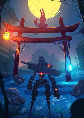 Robot, Torii Gate, and Moonlit Silhouette