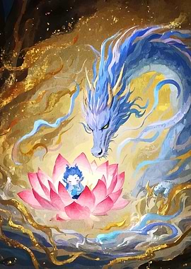 Dragon and Lotus Child Illustration