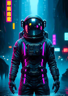 Astronaut in Cyberpunk Cityscape