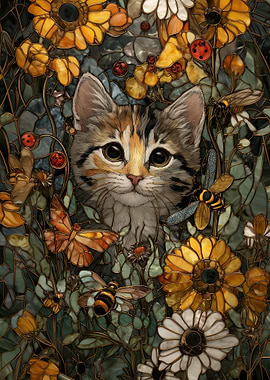 Cat in Floral Stained Glass Style