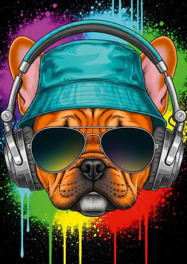 Cool Bulldog with Headphones and Hat