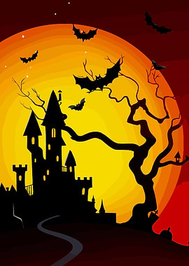 Halloween Castle with Bats and Moon