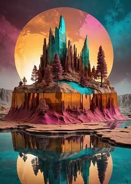 Crystal Island at Sunset — Surreal Floating Landscape Print