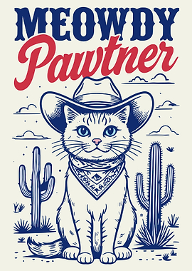 Meowdy Pawtner Cowboy Cat Poster Funny Western Cat Wall Art Cute Desert Print