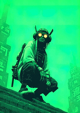 Cyberpunk Warrior in Green Cityscape