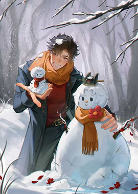 Man with Snowmen in Winter Scene