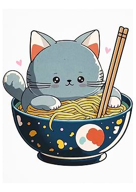 Cute Cat in Ramen Bowl Illustration
