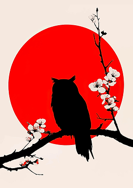 Owl Silhouette with Red Sun and Blossoms