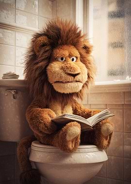 Lion Reading on Toilet