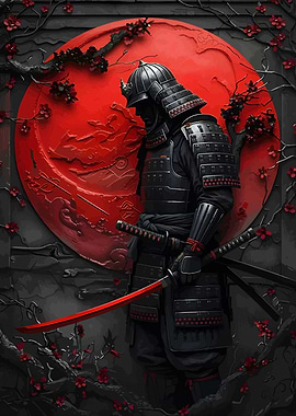 Samurai Warrior with Red Moon