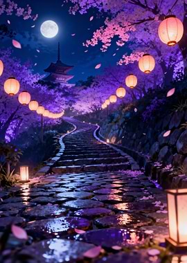 Japanese Temple Path at Night