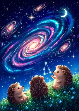 Hedgehogs Stargazing Under a Galaxy