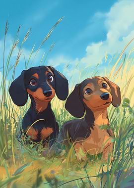 Two Cute Dachshunds in a Field