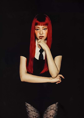Red-haired woman in black outfit