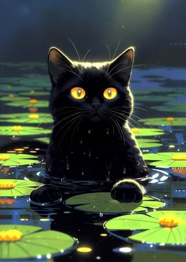 Midnight Hunter: Black Cat with Glowing Eyes in Water Lilies