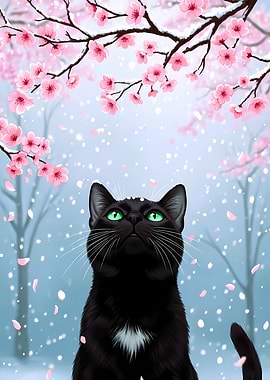 Black Cat Under Cherry Blossoms