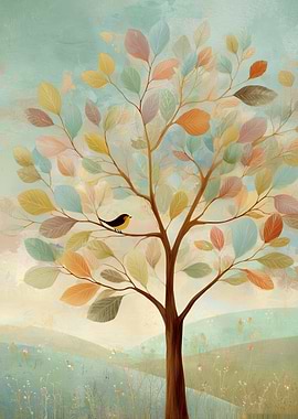 Pastel Tree with Bird