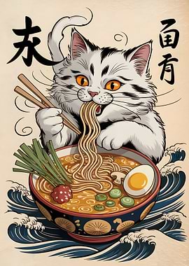 Cat Eating Ramen Bowl Illustration