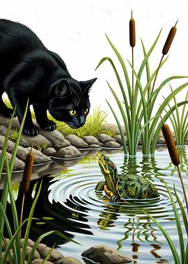 Black Cat and Turtle by Pond