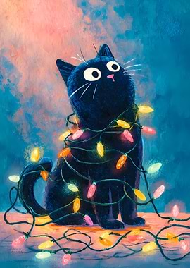 Festive Black Cat with Christmas Lights