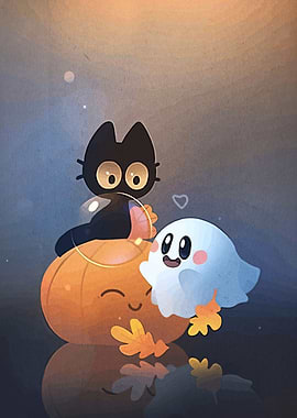 Cute Halloween Cat, Pumpkin, and Ghost