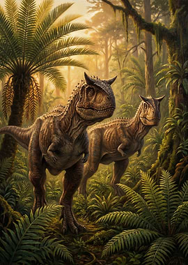 Two Carnotaurus in a Prehistoric Jungle